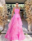 Vintage Hot Pink Strapless Long Prom Dress A-Line Ruffle Formal Dress HZ1024