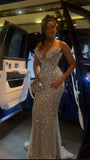 Vintage Silver-gray Beaded Strapless Long Prom Dress Mermaid Formal Dress HZ1024