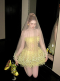 Fashion Yellow Sequined Strapless A-Line Veil Design Tulle Party Dress Homecoming Dress HZ1024