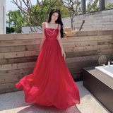 New Elegant Stylish Rose Red High-waisted Spaghetti Strap Dress HZ1024