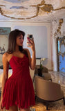 Vintage Burgundy Pleated Short A-Line Party Dress Cocktail Dress Homecoming Dress HZ1024