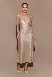 Vintage Shiny Sequin Sheath Prom Dress V-neck Evening Dress Long Formal Dress HZ1024