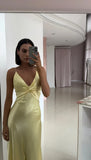 Vintage Yellow V-neck Mermaid Satin Spaghetti Strap Party Dress Evening Gown Bridesmaid Dress HZ1024