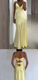 Vintage Yellow V-neck Mermaid Satin Spaghetti Strap Party Dress Evening Gown Bridesmaid Dress HZ1024