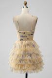 Vintage Yellow Floral Design A-line Spaghetti Strap Tiered Homecoming Dress HZ1024