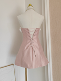 Vintage 3D Flowers Strapless A-Line Lace-up Satin Homecoming Dress Party Dress Short Cocktail Dress HZ1024