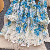 Palace Style Printed Lantern Sleeve V-neck Hollow Hook Embroidery Light Luxury Temperament A-line Dress HZ1024