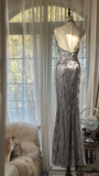 Vintage Silvery V-neck Sparkling Sequin Design Romantic Chiffon Evening Dress Prom Dress HZ1024