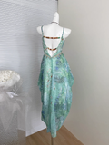 New Fashion Flora V-neck Design Beach Holiday A-line Spaghetti Strap Dress HZ1024