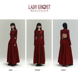 Vintage Elegant Simple Backless Red Long-sleeved Dress HZ1024