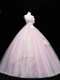 Simple Pink Applique Strapless Sweet 16 Quinceanera A-Line Tulle Floor-length Prom Dress Birthday Dress Evening Dress Ball Gown HZ1024