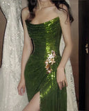 Vintage Dark Green Sheath Sequin Evening Gown Strapless Slit Party Dress Floor Length Formal Dress HZ1024