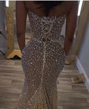Vintage Silver-gray Beaded Strapless Long Prom Dress Mermaid Formal Dress HZ1024