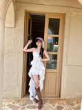 New Fashion White Irregular Ruffled Hem Design A-line Sleeveless Spaghetti Strap Dress HZ1024