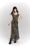 Vintage Butterfly Green Mesh Spaghetti Strap Dress HZ1024