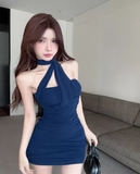 Sexy Fashion Navy Blue Backless Slim Halter Dress HZ1024