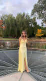 Vintage Yellow V-neck Mermaid Satin Spaghetti Strap Party Dress Evening Gown Bridesmaid Dress HZ1024