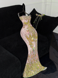 Gorgeous Sparkling Pink Beaded Applique Mermaid Design Exquisite Embroidery Evening Dress Prom Dresses HZ1024