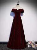 A-Line Off Shoulder Velvet Burgundy Long Prom Dress, Burgundy Formal Dress HZ1024