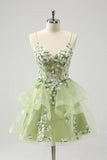 Vintage Mint Green Floral Embroidery Design A-line Spaghetti Strap Homecoming Dress HZ1024