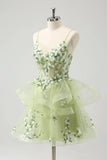 Vintage Mint Green Floral Embroidery Design A-line Spaghetti Strap Homecoming Dress HZ1024