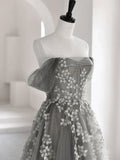 A-Line Off Shoulder Tulle Lace Gray Long Prom Dress, Gray Tulle Lace Formal Dress HZ1024