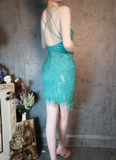 Vintage Blue-green Spaghetti Strap Sparkling Beaded Tassel Design Sheath Short Homecoming Dress HZ1024