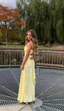 Vintage Yellow V-neck Mermaid Satin Spaghetti Strap Party Dress Evening Gown Bridesmaid Dress HZ1024