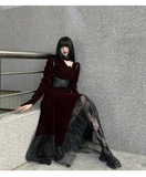 Elegant Fashion Red Velvet Irregular Dress Edge Design Gothic style party High-waisted Long-sleeved Dress HZ1024