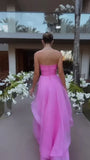 Vintage Hot Pink Strapless Long Prom Dress A-Line Ruffle Formal Dress HZ1024
