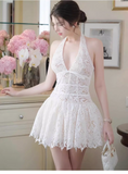 Vintage White V-neck Halter Dress Design A-line Lace Party Dress Homecoming Dress HZ1024