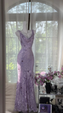 Vintage Light Purple Floral Applique Mermaid Cowl Neck Design Satin Prom Dress Evening Dress HZ1024