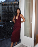 Vintage Shiny Sequin Sheath Prom Dress V-neck Evening Dress Long Formal Dress HZ1024