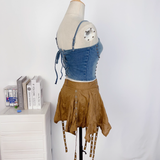 Vintage Irregular Ruffled Skirt Design A-line Casual Sleeveless Denim Vest A Two-piece Dress HZ1024