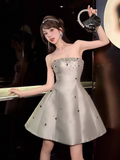 Vintage Silvery Beading Strapless Design A-line Party Dress Homecoming Dress HZ1024