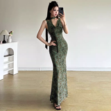 Vintage Green Floral V-neck Mermaid Summer Dresses Prom Dress Evening Dress HZ1024