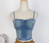 Vintage Irregular Ruffled Skirt Design A-line Casual Sleeveless Denim Vest A Two-piece Dress HZ1024