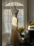 Elegant Mermaid Golden Sparkling Strapless Elegant Beaded Chiffon Evening Dress Prom Dress HZ1024