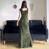 Vintage Green Floral V-neck Mermaid Summer Dresses Prom Dress Evening Dress HZ1024