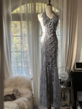 Vintage Silvery V-neck Sparkling Sequin Design Romantic Chiffon Evening Dress Prom Dress HZ1024