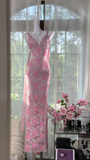 Vintage Gorgeous Pink Floral V-neck Applique Elegant Chiffon Long Evening Dress Prom Dresses HZ1024