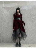 Elegant Fashion Red Velvet Irregular Dress Edge Design Gothic style party High-waisted Long-sleeved Dress HZ1024
