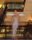 Vintage Shiny Sequin Sheath Prom Dress V-neck Evening Dress Long Formal Dress HZ1024