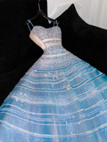 Vintage Sparkling Blue Sequin Sweetheart A-Line Design Tulle Evening Dress Prom Dresses HZ1024