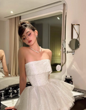 Cute Beige Sequin Ruffled Hem Design A-line Satin Strapless Party Dress Homecoming Dress HZ1024