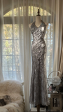 Vintage Silvery V-neck Sparkling Sequin Design Romantic Chiffon Evening Dress Prom Dress HZ1024