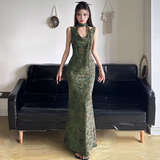 Vintage Green Floral V-neck Mermaid Summer Dresses Prom Dress Evening Dress HZ1024