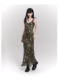 Vintage Butterfly Green Mesh Spaghetti Strap Dress HZ1024