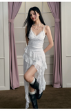 Simple White Irregular Ruffled Hem Design A-line Sleeveless Spaghetti Strap Dress HZ1024