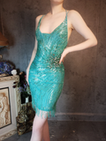 Vintage Blue-green Spaghetti Strap Sparkling Beaded Tassel Design Sheath Short Homecoming Dress HZ1024